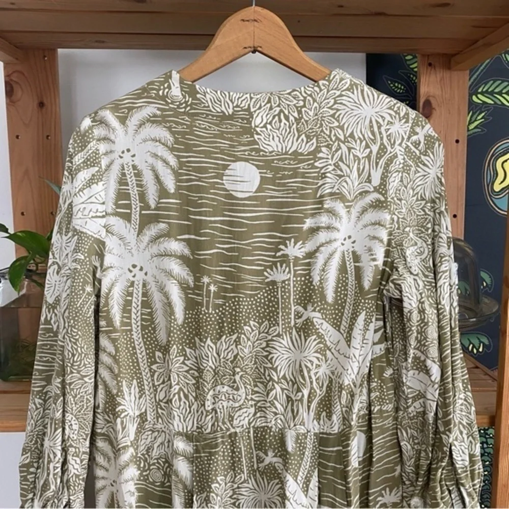 Desmond & Dempsey X H&M Green White Tropical Palm Print Linen Blend Midi Dress S - Picture 10 of 15